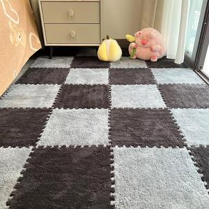 12 Pcs Plush Foam Interlocking Carpet Tiles,Soft Shaggy Fluffy Floor Area Rugs with Padding,Colorful Floor Protective Mats for Home Kids Room Playroom (Grey and Black, 11.8 x 11.8 x 0.39)