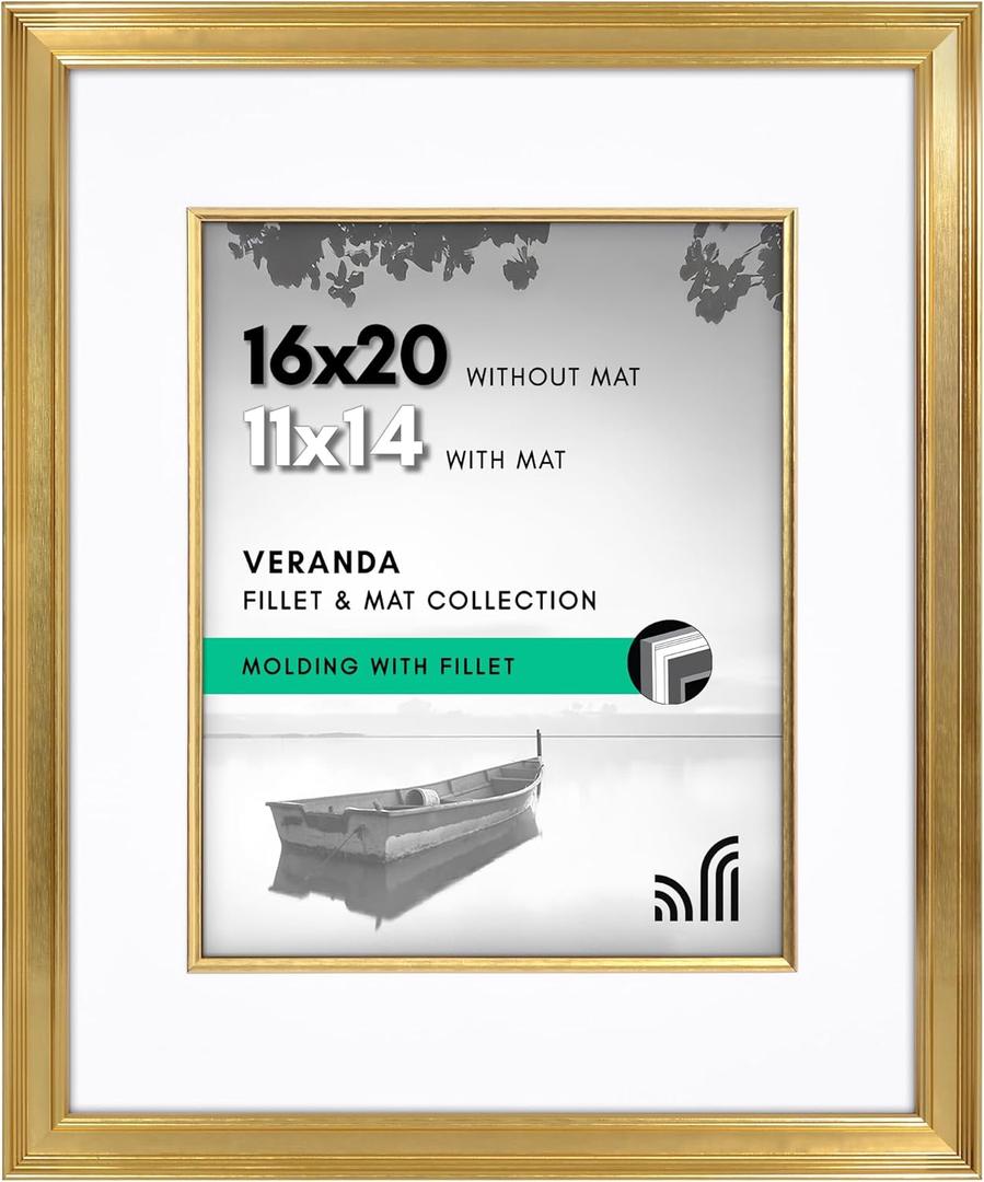 Americanflat 16x20 Picture Frame with Decorative Inner Mat Accent - Displays 11x14 Photos with Mat or 16x20 Without - Veranda Collection - Gold Vintage Frames with Polished Plexiglass