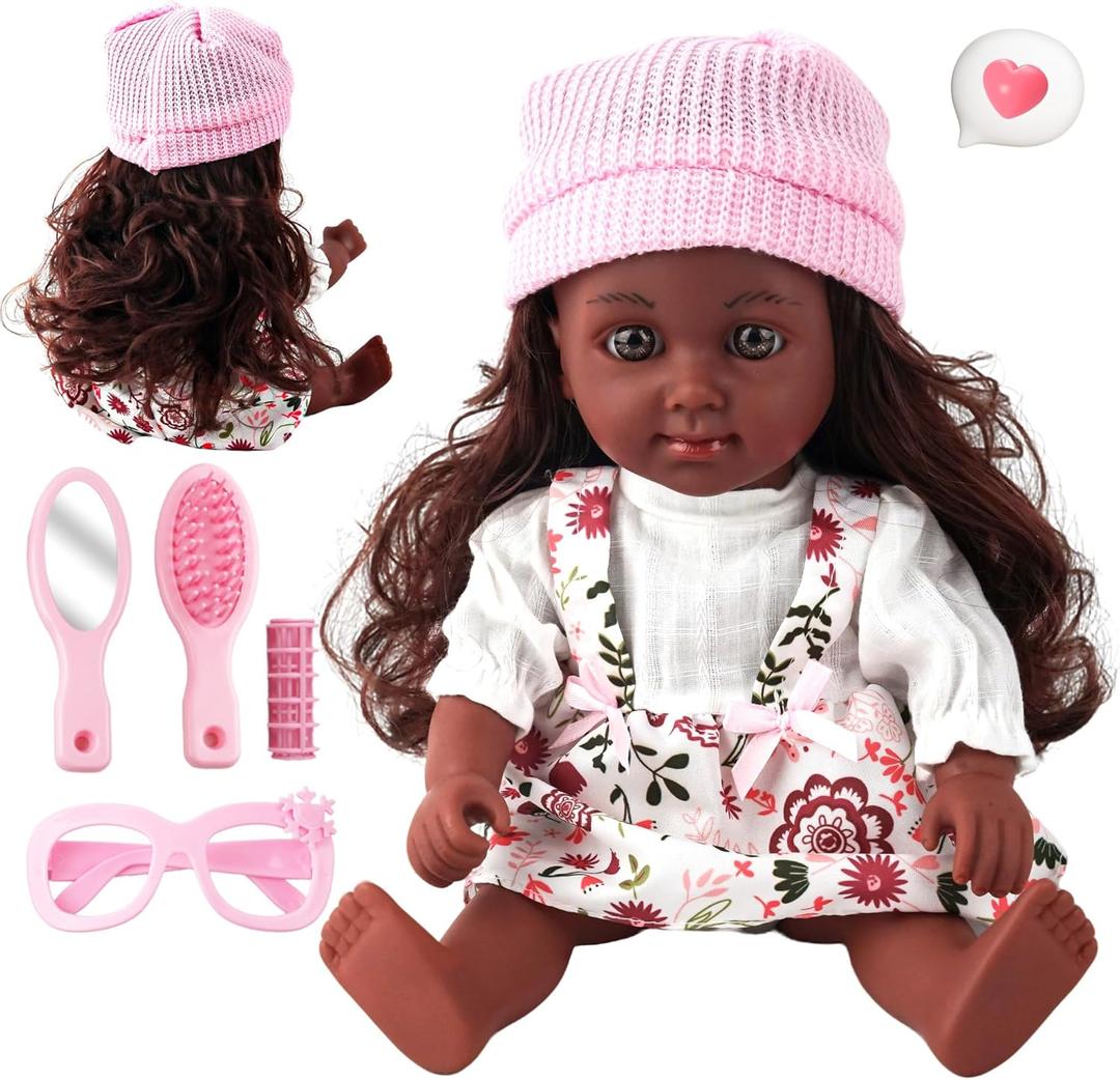SMILESSKIDDO Baby Doll, 12 inch Black Interactive Talking Doll with Hair, Mirror, Comb Accessories, Soft Vinyl Body & Sing Sounds  Perfect Pretend Play Toy for Toddlers Girls 2 3 4 5 6