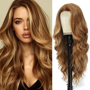 HMHIFI Long Brown Mixed Blonde Wigs for Women Highlights Blonde Wig Natural Middle Part Synthetic Curly Hair Heat Resistant Fiber Hair Replacement Wigs for Daily Party (26'')