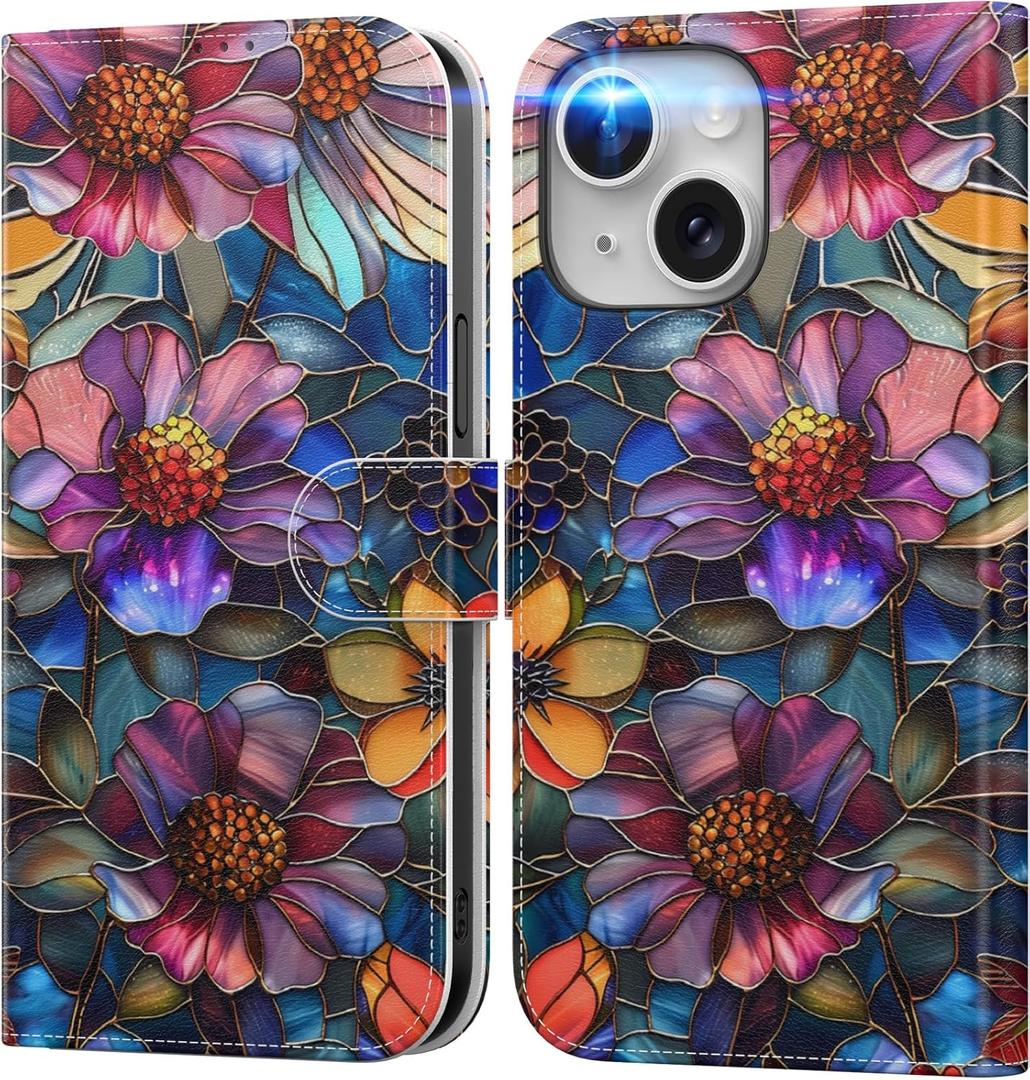 DEENAKIN for iPhone 15 Wallet Case with Card Holder + Cash Clip, RFID-Blocking, Military-Grade Drop Protection & UV-Printed Artwork, Magnetic Closure with Leather Kickstand - Vibrant Defined Blossoms