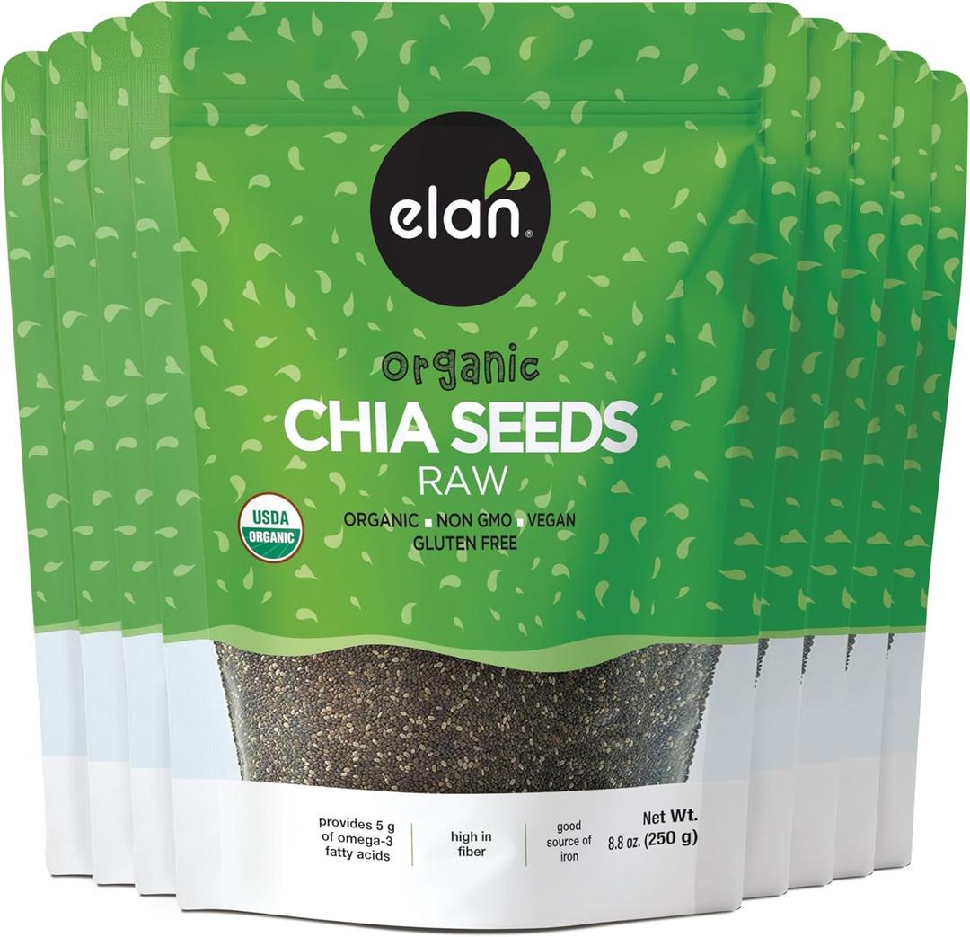 Elan Organic Chia Seeds, 8.8 oz, Natural Raw Black Chia Seeds, Plant-Based, Non-GMO, Vegan, Gluten-Free, Kosher, Gels Easily, Superfood (Pack of 8)