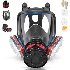 Full Facepiece with Filters, Earplug, & Gloves - Protection Against Painting, Gas, Dust, Chemicals, Organic Vapors, Welding, Polishing, Spraying