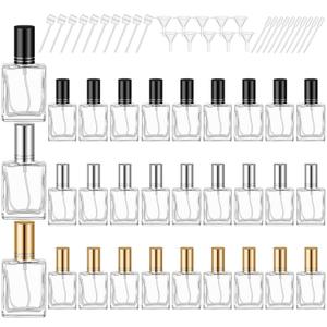Domensi 30 Pcs 10/15/30/50 ml Glass Perfume Bottles Mini Glass Empty Spray Atomizer Bottles Bulk Refillable Perfume Dispenser Container with Pump Tool for Travel Skin Care (15 ml,Black,Gold,Silver)