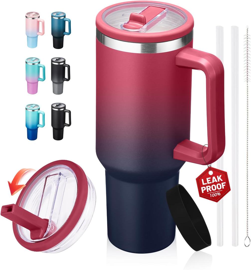 Travel Cups with Lid and Flip Straw - 40 oz Tumbler with Handle, Cold-34H & Hot-10H Insulated Coffee Mug, Metal Hydro Thermal Jug, Spill Proof Water Bottle Fits in Car Cup Holder (Ruby Purple)