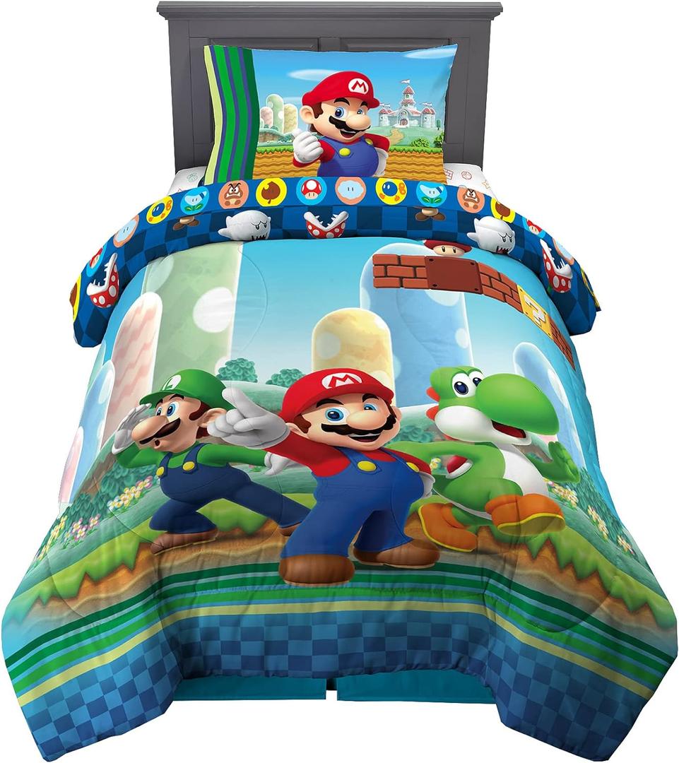 Franco Kids Bedding Super Soft Comforter and Sheet Set, 4 Piece Twin Size, Mario