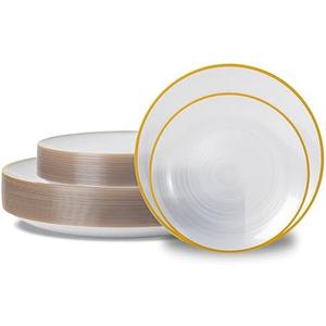 N9R 60PCS White Plastic Plates with Gold Rim, Elegant Disposable Plates, Circular Ribbed Design, 30 Dinner & 30 Dessert Plate for Parties, Weddings, Banquets, and Events (Translucent White)