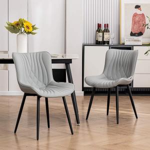 YOUTASTE Dining Chairs Set of 2, Mid Century Modern Upholstered Faux Leather Kitchen Room Chairs, with Black Metal Legs, Armless Accent Chair for Living Room, Bedroom, Vanity, Grey
