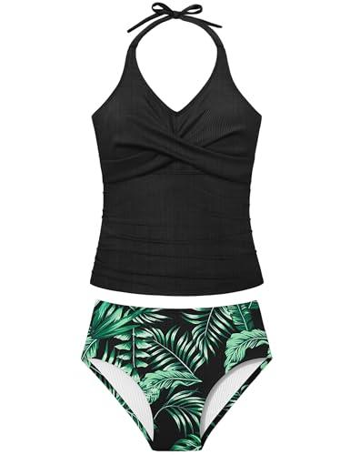 Girls Swimsuits Size 8-10 Two Piece Bathing Suit for Girls Halterneck Lace-up Criss Cross Ruched Tropical Print Slimming Tankini Girl Swimwear Black  9-10Y