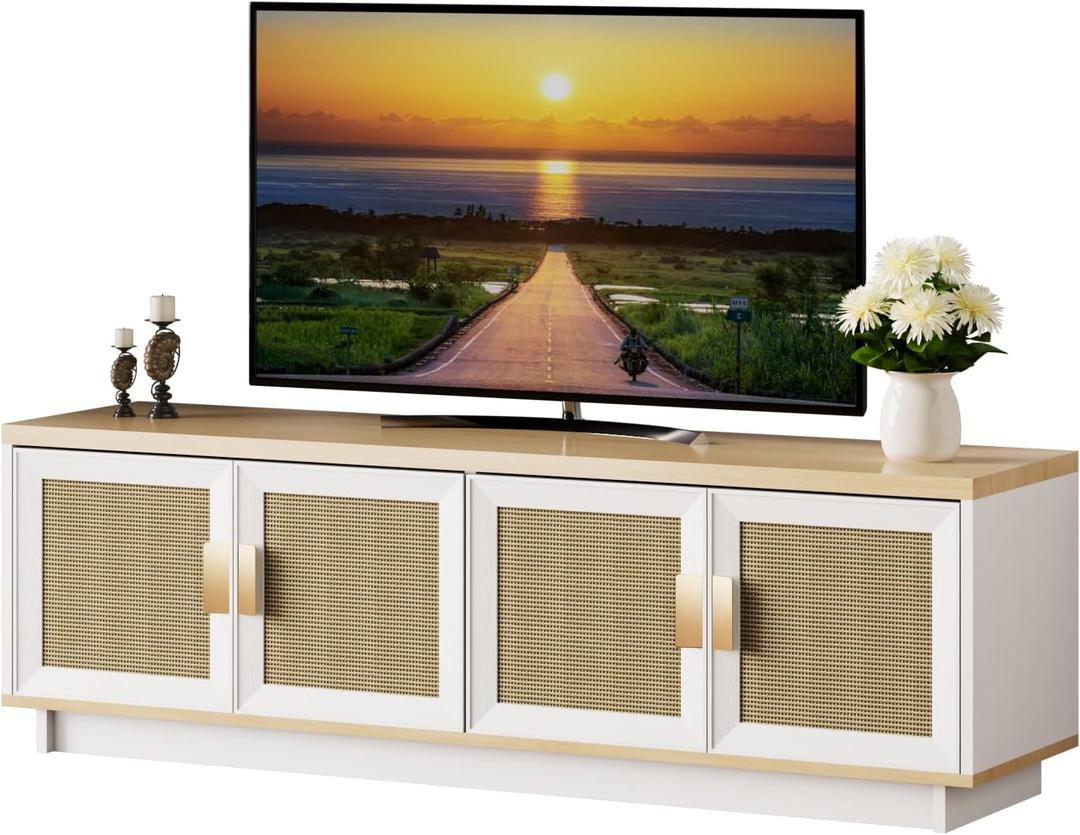 PROXRACER Mid-Century Modern TV Stand for 65 Inch TVs, Media Console with Slatted Doors, Adjustable Shelves & Spacious Storage, Entertainment Center for Living Room (Oak)