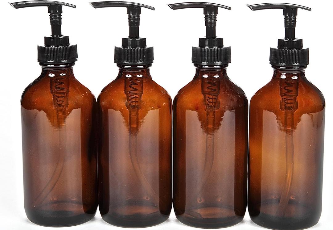 Vivaplex, 4, Large, 8 oz, Empty, Amber Glass Bottles with Black Lotion Pumps