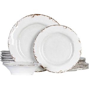 Vintage Melamine Dinnerware Sets, 18 Piece Lightweight and Unbreakable Outdoor Plates and Bowls Set, RV Dishes Set of 6, Chip Resistant Kitchen Plate Set for Indoor and Outdoor Use, White