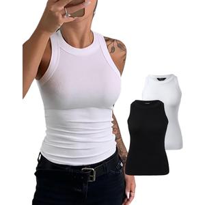 CHICME Womens 2 Piece Sleeveless Tank Tops Summer Casual Basic Ribbed Fitted Thick Strap Racerback Top (Medium)