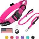AUBELL Tactical Dog Collar and Leash Set, Reflective Adjustable Heavy Duty Military K9 Collars with Handle and Metal Buckle for Medium Dogs, with Airtag Case and 2 Patches(Pink,M) (M(13.5"-17"))