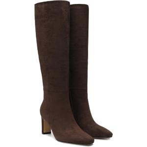 Burgundy Knee High Boots for Women Square Toe Chunky Heeled Boots Fall Dress Elastic Tall Boots with Zipper (8.5, Chocolate-Brown)
