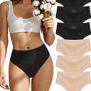 sosusu Seamless Underwear for Women Cotton Thongs High Waisted Soft Breathable No Show Panties Invisible Stretch 6 Pack (Large, C1-3 Black and 3 Skin)