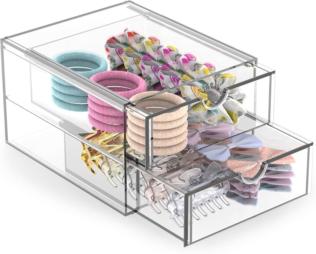 Hair Accessories Organizer for Girls, 2 Tier Acrylic Stackable Storage Drawers, Clear Vanity Hair Tie Bow Claw Clip Scrunchie Holder Organizer for Girls Stuff, Cute Desk Organizers and Accessories