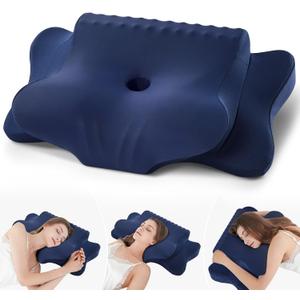 Cervical Pillow for Neck Pain Relief - Cooling Ergonomic Dual-Sided Orthopedic Neck Pillow with Ice Silk Pillowcase, Breathable Memory Foam Contour Pillow for Side, Back, Stomach Sleepers (Dark Blue)