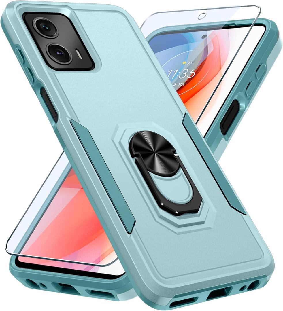 Janmitta Compatible with Moto G 5G 2023 Case with Screen Protector,Heavy Duty Shockproof Full Body Protective Cover Built in Rotatable Metal Ring Holder Kickstand,Mint Green