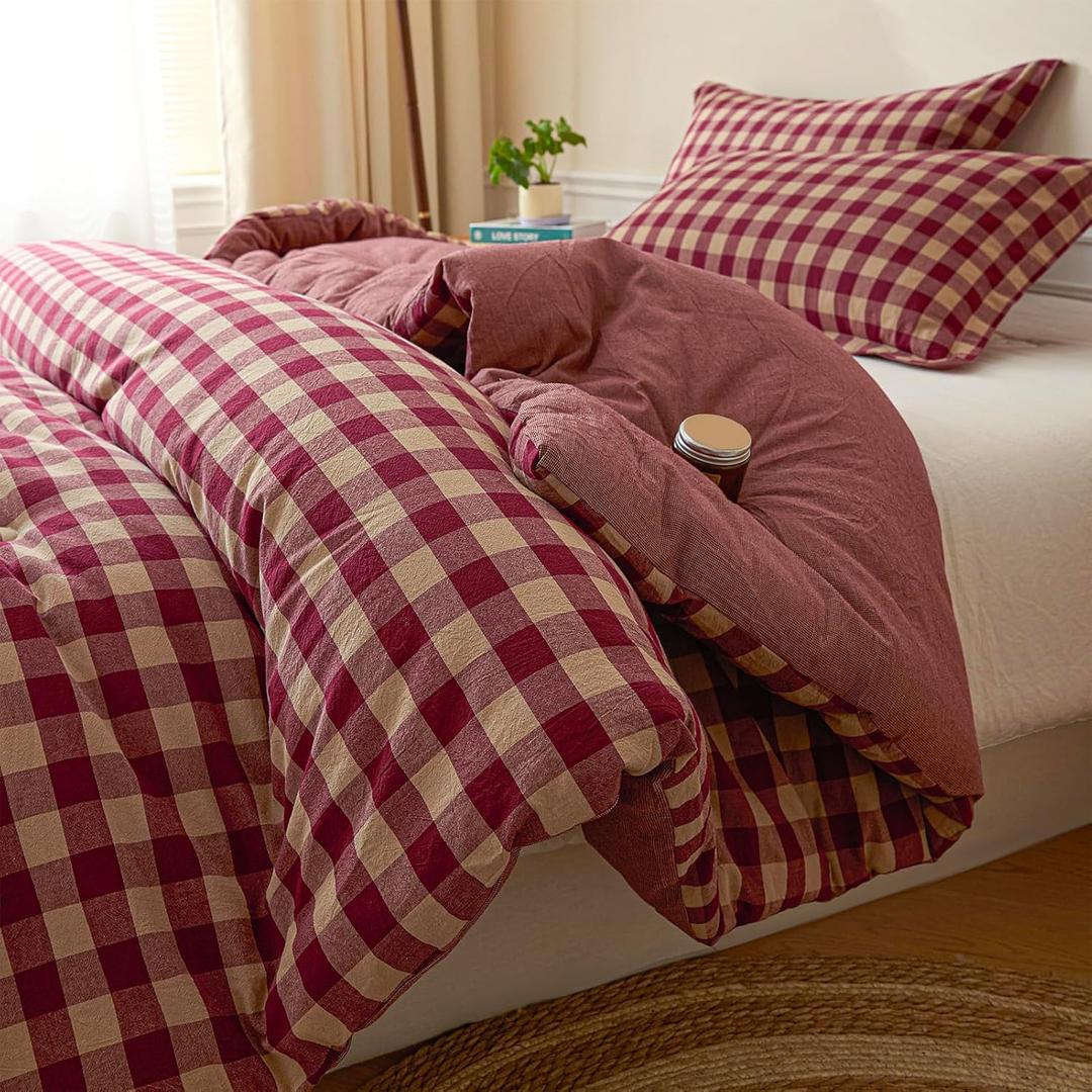 Cyusri Cotton Plaid Twin Comforter Set - Soft Lightweight Bedding 2 Pieces Dyed Bed Set with 1 Pillow Shams,Reversible All Season Farmhouse Down Alternative(Twin Size 68"x90" Retro Red)