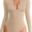 MANGOPOP Long Sleeve Body Suit Mock Turtle Neck Zip Up Bodysuit for Women Ribbed Deep V Sexy Bodysuit Shirts (Small)