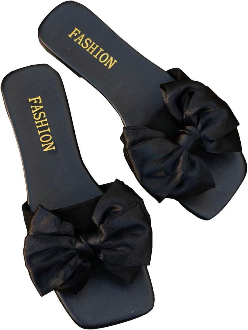 GORGLITTER Women's Bow Sandals Comfortable Cute Flat Sandals Slip On Slide Sandals for Beach, Wedding, Vacation (9.5, Black)