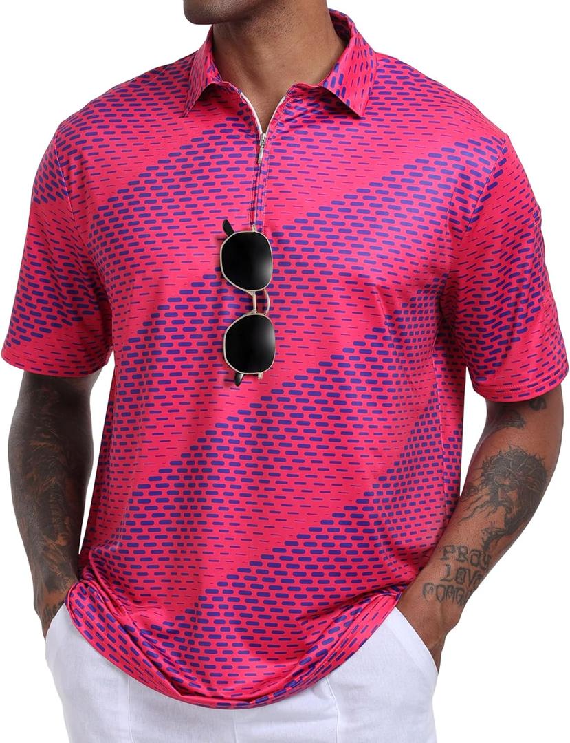 Hodaweisolp Men's Golf Shirts Dry Fit Moisture Wicking Performance Athletic Zipper Short Sleeve Polo Shirt for Men (Pink, L)