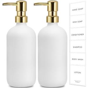 GMISUN White Soap Dispenser, 2 Pack Glass Hand Soap Dispensers Bathroom with Gold Pump, 17 Fl Oz Dish Soap Dispenser Set for Kitchen, Refillable Modern Liquid Soap and Lotion Dispensers Bottle