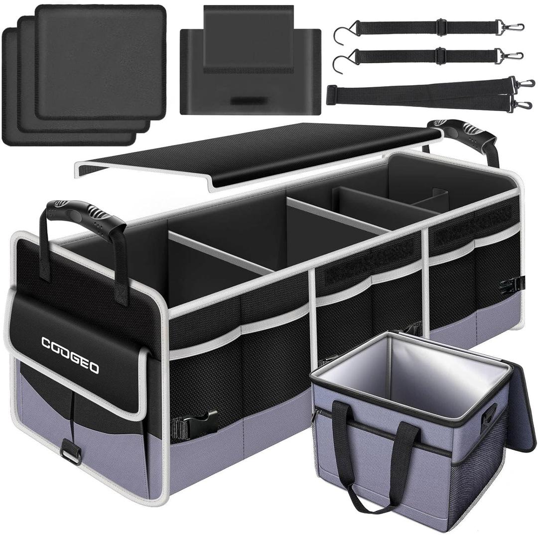 Car Trunk Organizer with Portable Leak Proof Cooler Bag, 3 Compartments Collapsible Car Organizers and Storage with Foldable Cover, Christmas Gifts, Suitable for SUV, Auto, Truck, Minivan (Black)