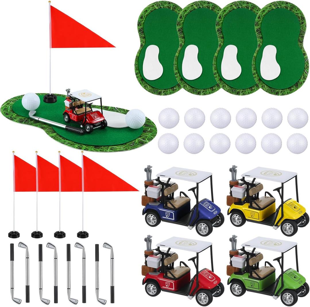 4 Pcs Golf Cart with 40 Pcs Golf Table Centerpiece Decorations Include Practice Ball Toy Pen Tees Grass Mats Red Flag Plastic Flag Stand for Sport Themed Birthday Party Decor, Small