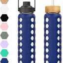 MUKOKO 32oz Glass Water Bottles with 2 Lids-Handle Spout Lid&Bamboo Straw Lid, Motivational Water Tumbler with Time Marker Reminder and Silicone Sleeve, Leakproof-Blue-1 Pack