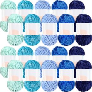 Woanger 20 Skeins Soft Chenille Yarn Velvet Blanket Yarn for Crocheting Hand Knitting Weaving DIY Craft, 10 Colors, 93 Yards Each (Blue Tone)