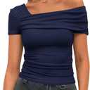 Darong Women's Summer Short Sleeve One Off The Shoulder Top Ruched Going Out Tops Slim Fit Y2K Shirt (Small, Dark Blue)