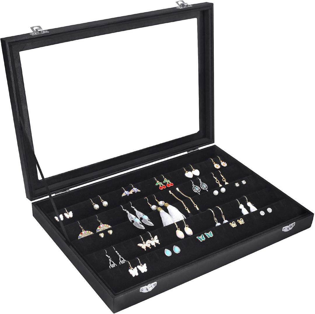 Siveit Earring Organizer Tray Velvet Earring Display Organizer Storage Box Premium 110 Slot 55 Pair Earring Display Organizer with Transparent Glass Cover Suitable for Women and Girls (Black)