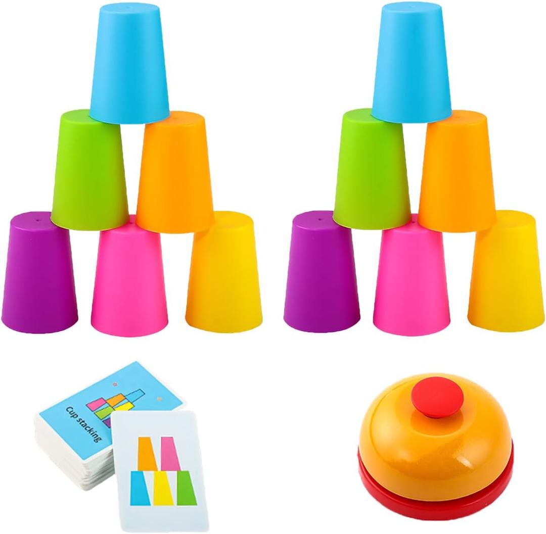 2 Set Interactive Color Stacking Cup Game Set - Mental Training & Competitive Family Activity with 12 Cups, 54 Challenge Cards & Buzzer (Family Edition C)