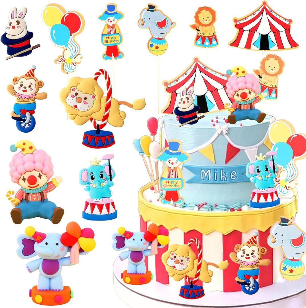 Circus Cake Toppers Animals Cake Decoration Carnival Cupcake Topper Clown for Circus Birthday Party Baby Shower Supplies