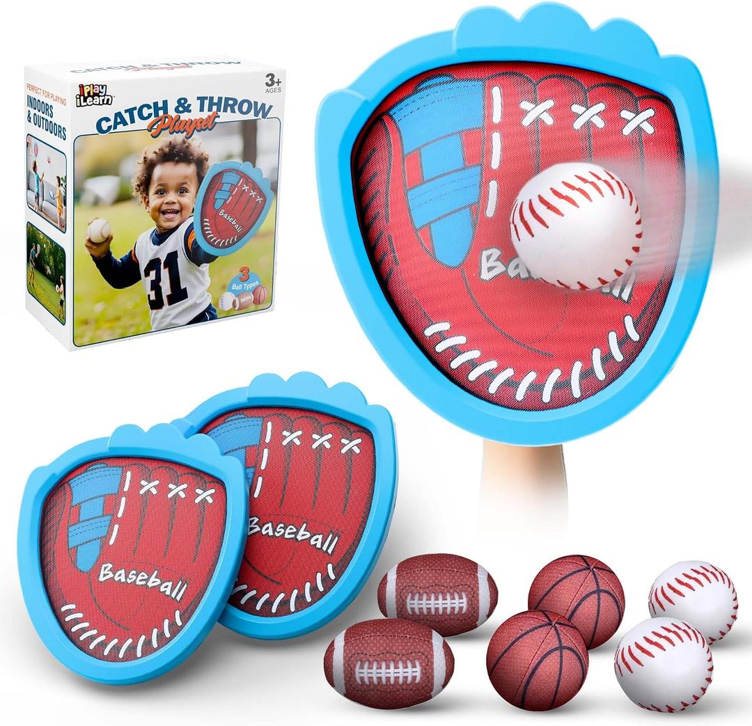 iPlay, iLearn Toddler Baseball Toy, Boy Toss Catching Ball Game Toy W/ 2 Gloves 6 Soft Balls, Sport Outdoor Yard Beach Play for Family Activities, Fun Birthday Gifts 3 4 5 6 7 8-12 Year Old Girl Kids, Large
