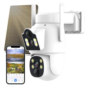 Solar Security Cameras Wireless Outdoor Dual Lens 4MP 2.4G&5G 360° PTZ,Solar Powered Wireless Home Security Camera,PIR Alarm Motion Detection,Color Night Vision,2-Way Audio,WiFi,IP66,No Subscription