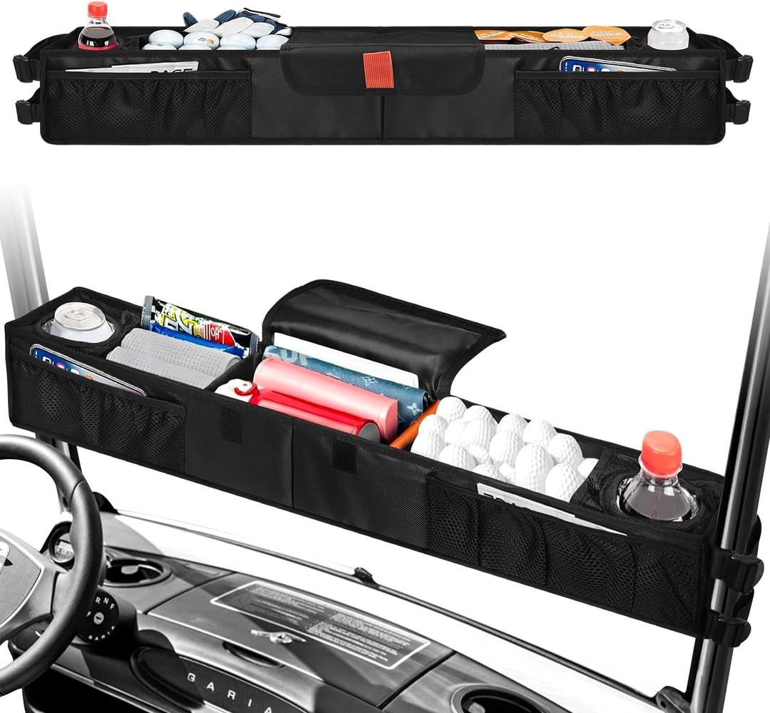 Golf Cart Storage Baskets, No Drilling Front Golf Cart Organizer, Foldable Golf Cart Organizer Compatible with Ezgo, Club Car, Kandi Golf Carts Accessories, Insulated Cup Holder