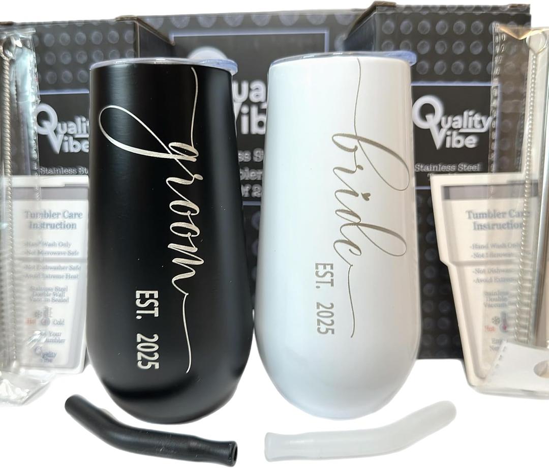 QualityVibe Wedding Gift Bride & Groom EST. 2025 Tiny Champagne Flute Tumblers 6 oz, Couples Gift for Bride & Groom, Bride to Be Gift, Present for Newlyweds
