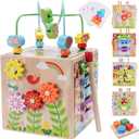 Wooden Activity Cube | Montessori Toys for 1 2 3 Year Old Toddlers | One Year Old 1st First Birthday Gift | Educational Toys for 12+ Months Baby Boys Girls | Bonus Sorting & Stacking Game (Pink)