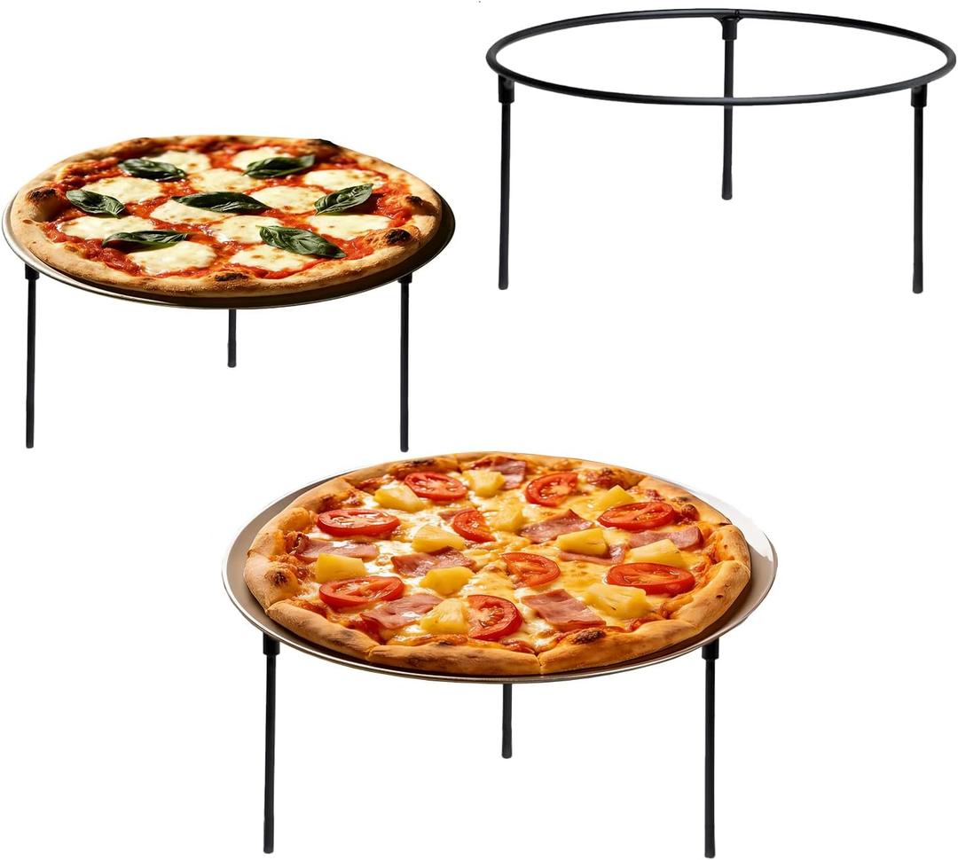 Set of 3 Black Metal Pizza Riser Stands - 8x8x4 Inch Round Pizza Tray Rack, Stackable Wire Display Stands for Buffet, Restaurant, Party & Home Use
