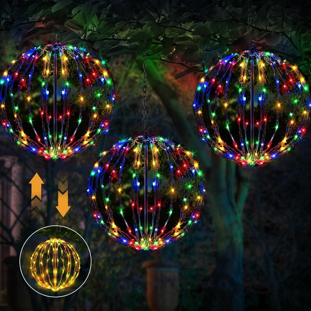 12" Christmas LED Light Globe (3 Pack) with Multiple Auto Timing and Glow Modes, Folding Light Ball for Holiday Decor, Patio, Indoor/Outdoor Decorations LED Ball Lights Sphere (Color-Changeable)