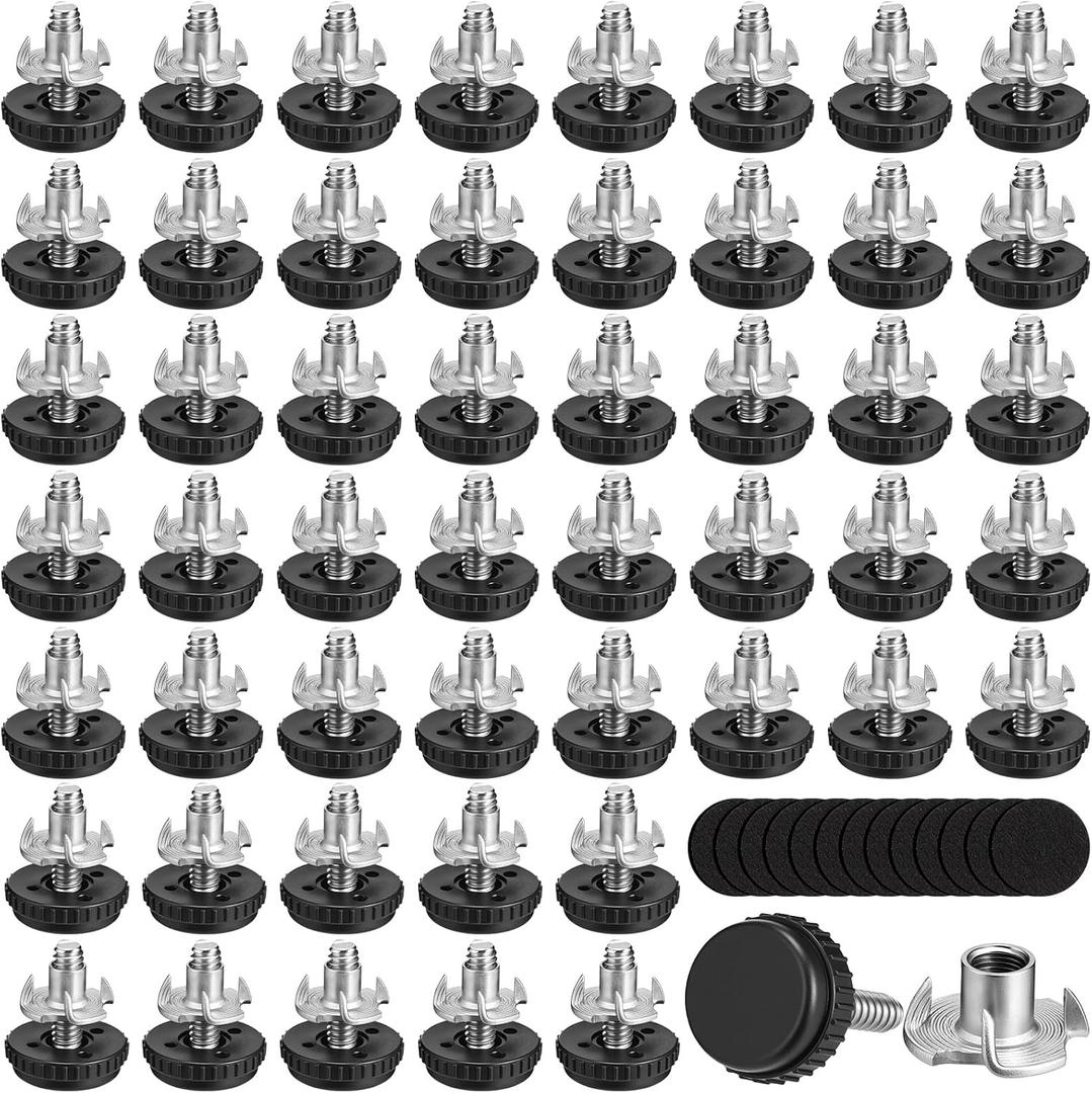 Pinkunn 50 Pieces Adjustable Leveling Feet with T- Nut Kit 1/4-20 Thread Furniture Levelers Metal Adjustable Feet Heavy Duty Legs Height Adjuster for Table Chair Desk Cabinets Sofa, Black(Serrated)
