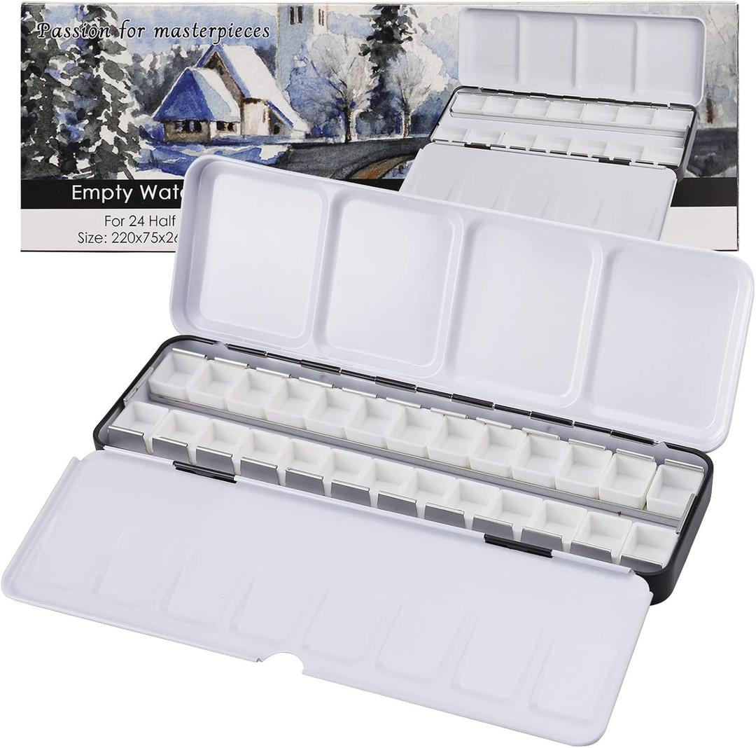Empty Watercolor Palette, Metal Empty Watercolor Tin Palette Paint Case with 24 PCS Empty Half Pans for DIY Travel Watercolor Palette, Acrylic and Oil Painting