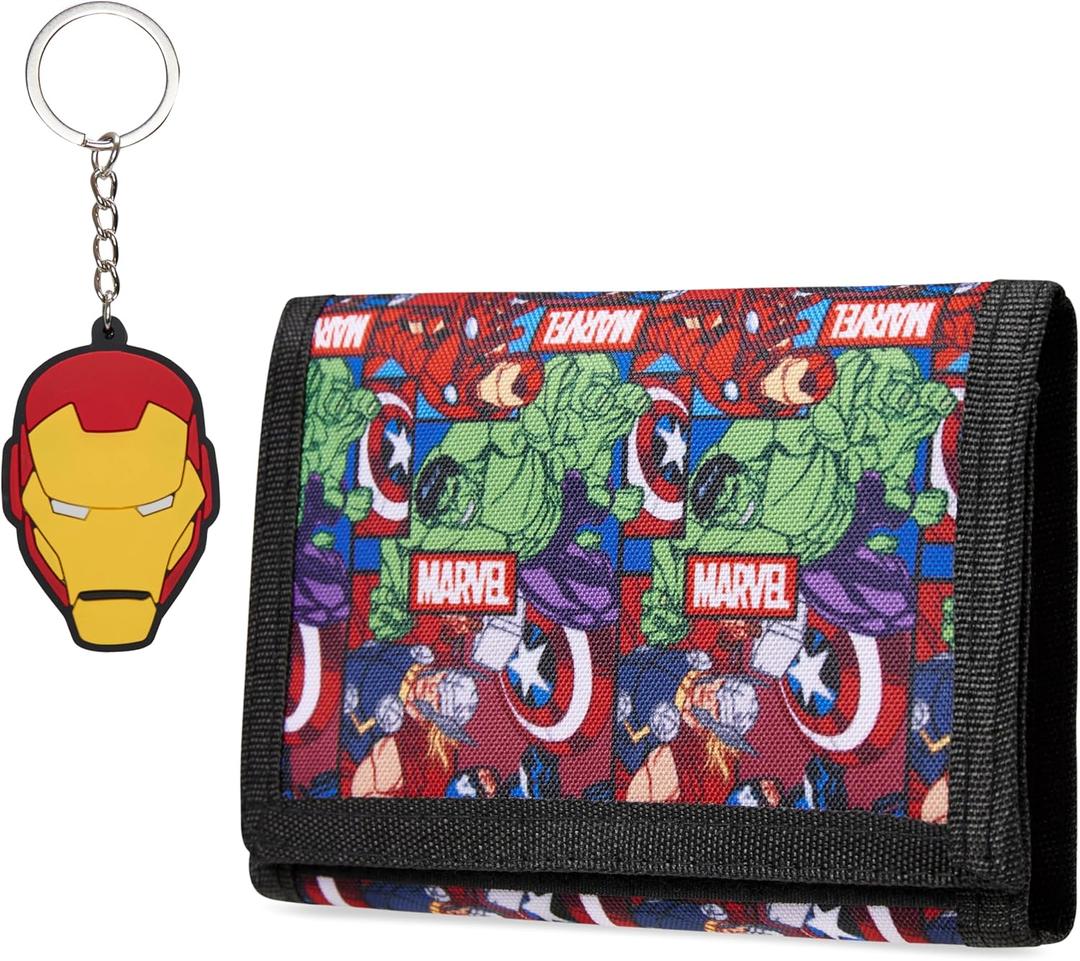 Marvel Spiderman Boys Wallet and Keychain Avengers Trifold Wallet with Card Slot Coin Purse Kids Gifts Set (Multi Avengers)