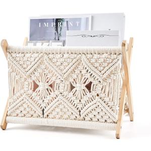 Mkono Macrame Magazine Rack Boho Storage Holder Standing Basket for Books, Newspapers, Swaddle Blanket, Dorm Essentials, Living Room, Bathroom, Office, Nursery, Home Decor, Medium Size, 14”L x 10”W