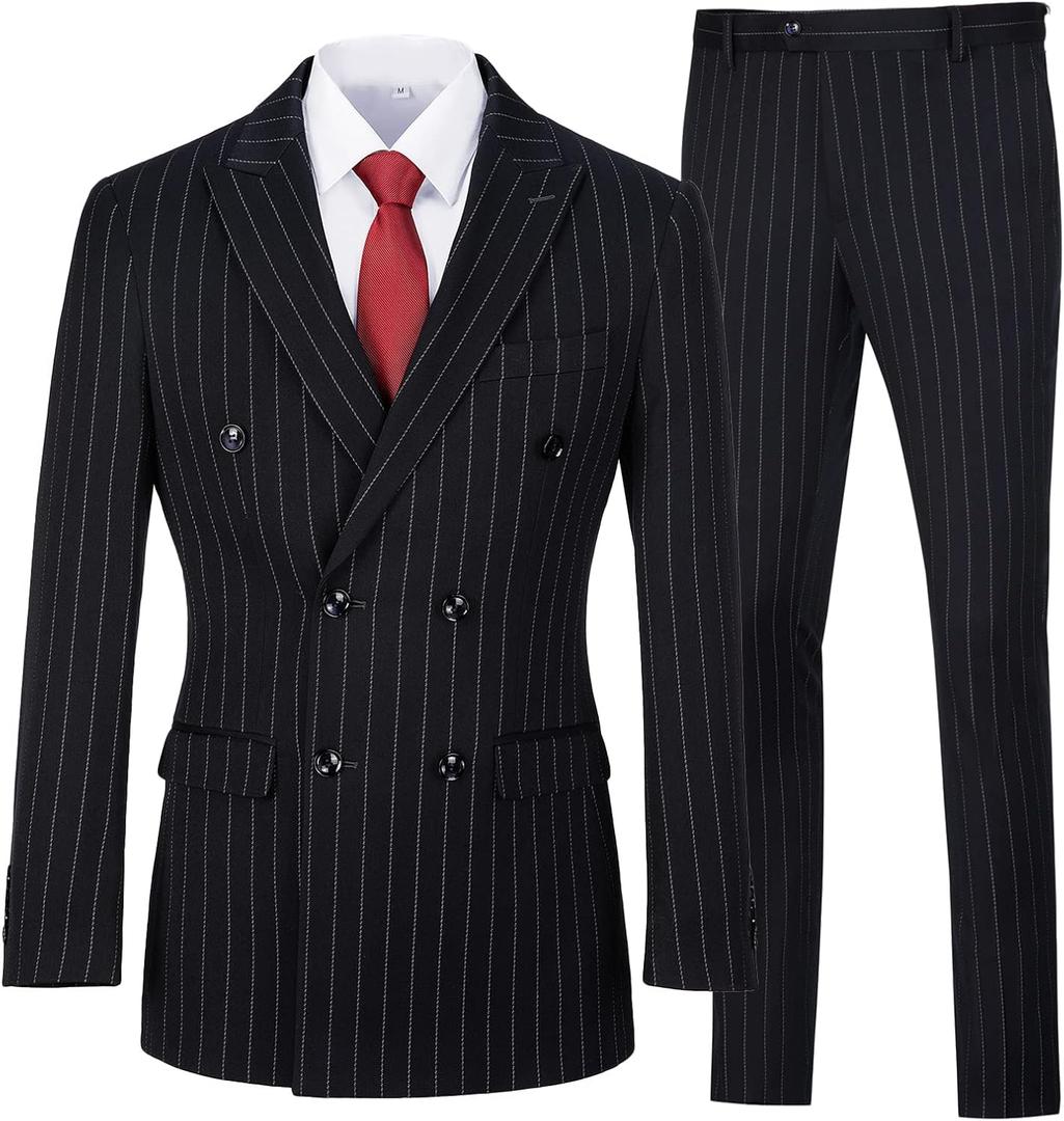 Mens Tuxedo Suit Set 3 Piece Striped Business Suits for Men Navy Dress Suit Jacket Vest and Pants Set, XL