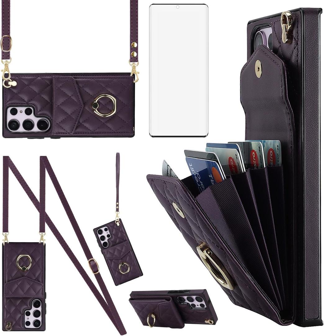 Phone Case for Samsung Galaxy S23 Ultra 5G Wallet Cover with Tempered Glass Screen Protector Wrist Strap Ring RFID Blocking Card Holder Cell S23Ultra 23S S 23 23Ultra 6.8 inch Women Girls Dark Purple
