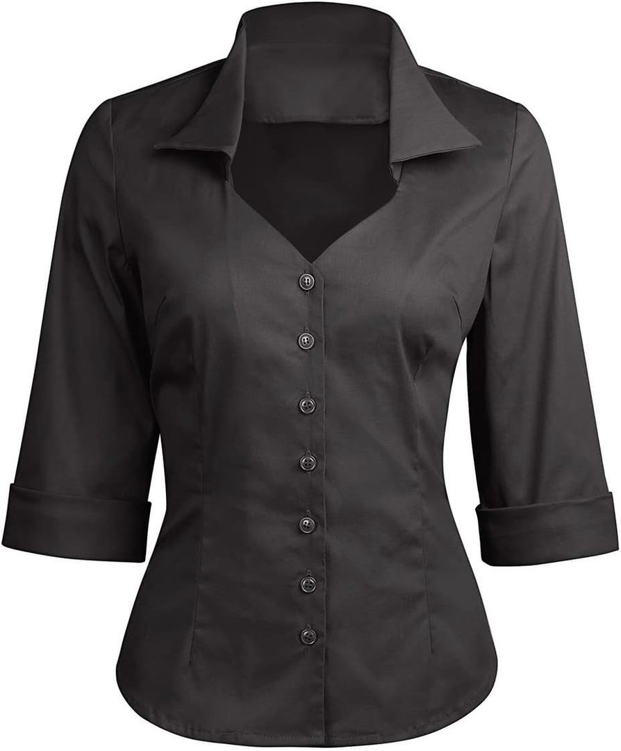 YARN & INK Women's Solid Classic-Fit Casual Blouses Button Down 3/4 Sleeve Dress Shirt 1950s Retro Elegant Work Office Tops (Black) S 